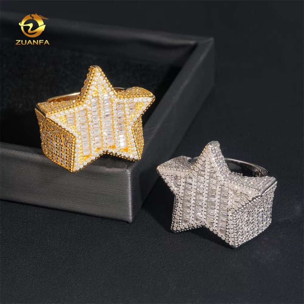 Luxury Fine Jewelry 925 Sterling Silver VVS Baguette Moissanite Diamond Men Rings Hiphop Bling Iced Out Star Ring
