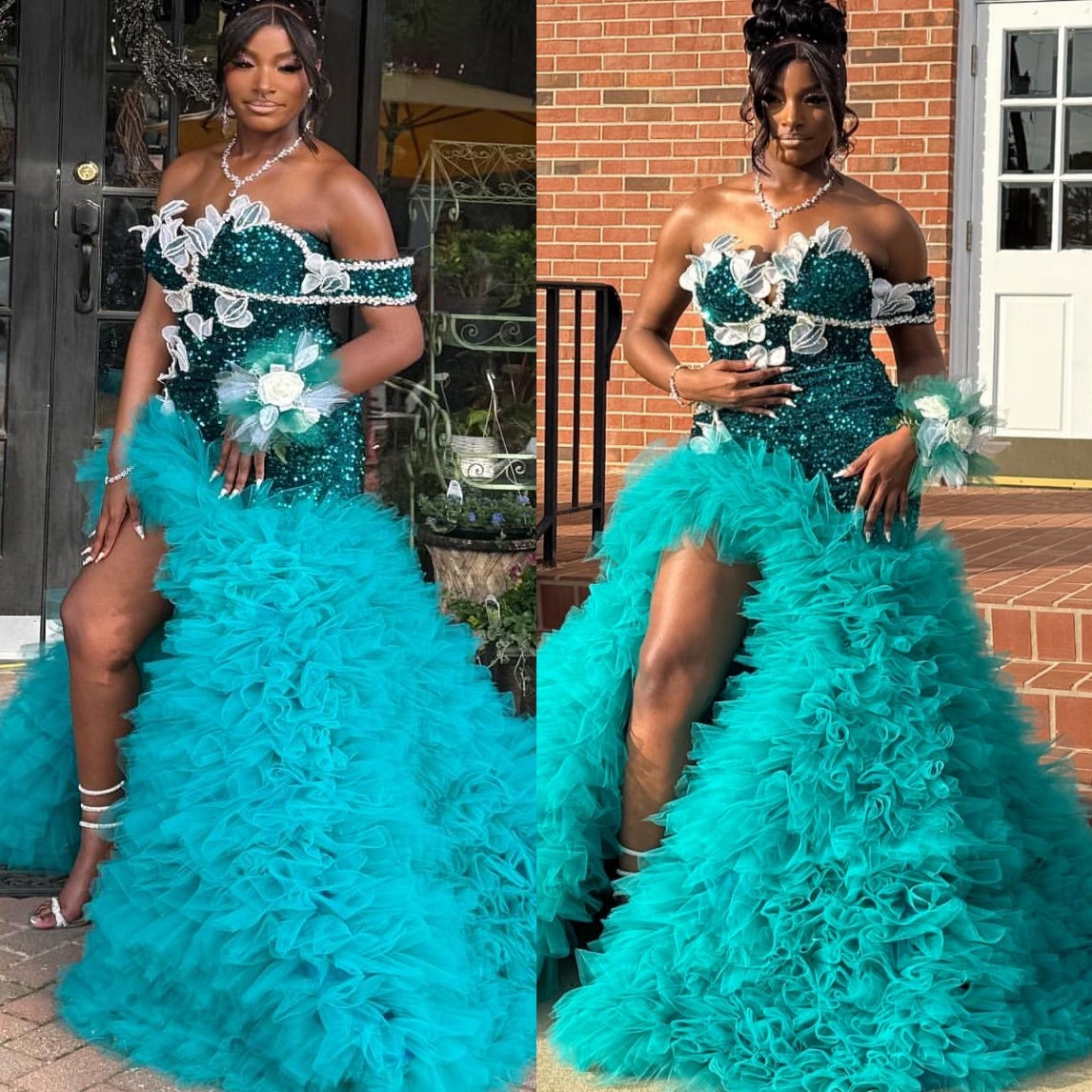 Dark Green Mermaid Prom Dresses 2025 Florals Sequined Tiers Sparkly Evening Formal Party Second Birthday Engagement Gowns Plus Size Dress For Special 