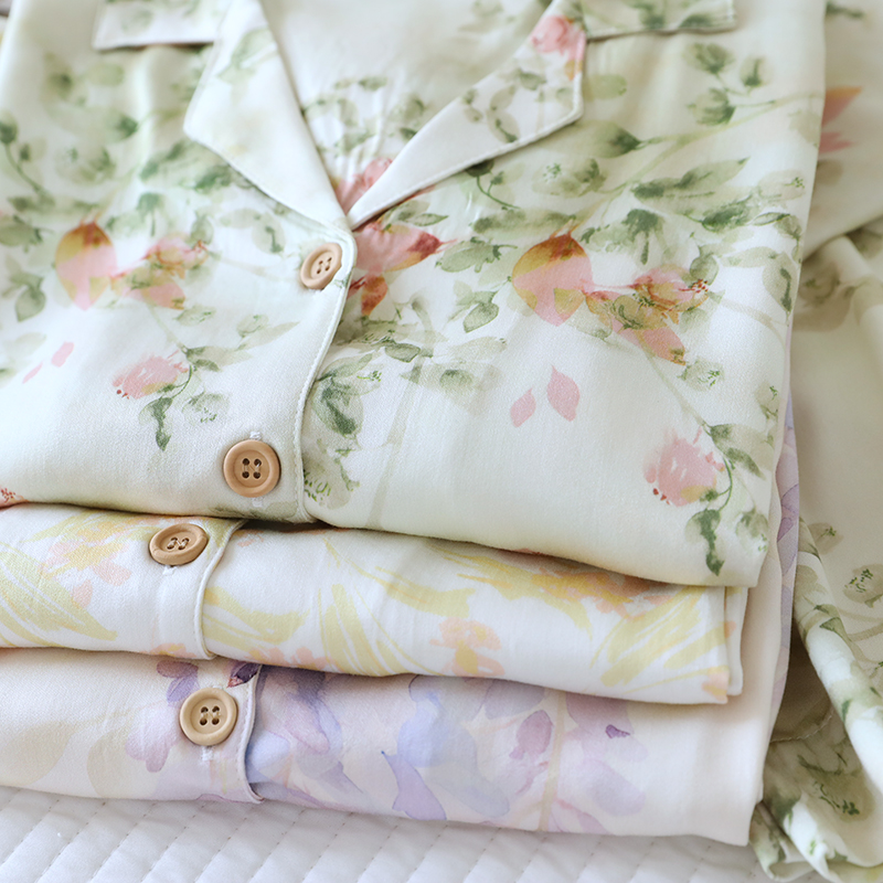 In stock women's spring and summer new items, cotton satin pajamas, elegant forest print, long sleeved straight leg pants, home wear