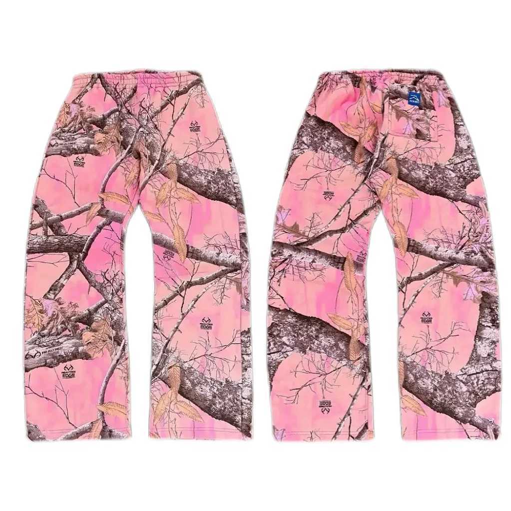 Akimboclub Fashion Pink Straight Leg Pants Hip Hop Leaves Trend Hooded Men Sweat Pants Drawstring Casual Sports Pants Streetwear X250625