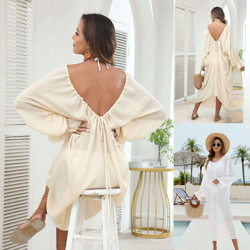 New Butterfly Dance Style Backless Kaftan Round Neck Deep V Large Open Back Bikini Cover-Up B5