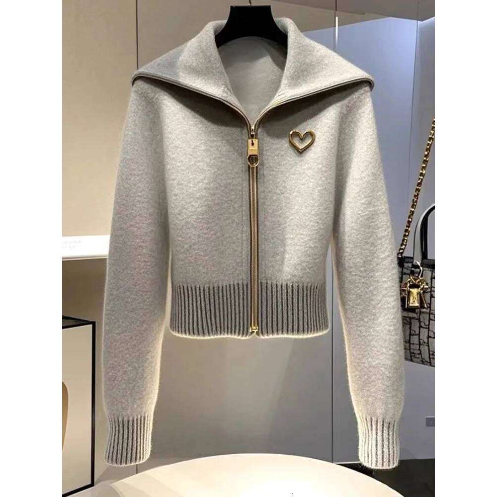 Korean Chic Gray Lapel Zipper Knitted Sweater Cardigan Women's Jacket 2025 Autumn Winter New Long Sleeve Versatile Knitwear Tops