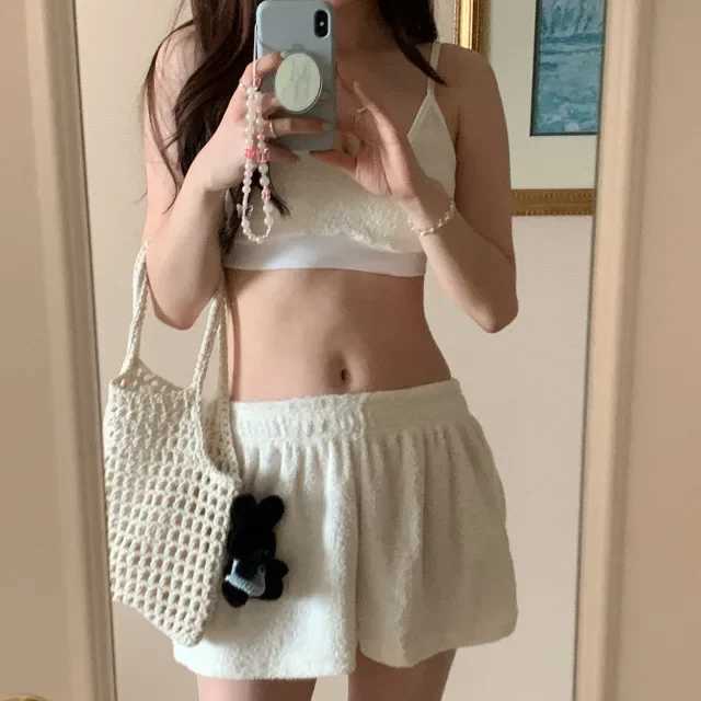 New Hot Sale Of The Season Korean Pure Color Towel Fabric Strap Vest Elastic Waist Shorts Swimsuit Womens Bikini Set Casual Com XJ250624