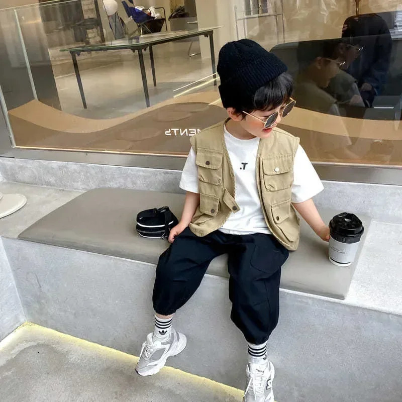 Spring Summer Boys Sleeveless Thin Jacket Coat Outdoor Cotton Vest Multi Pocket Tank Top Boys Outfit Children Clothes 250624