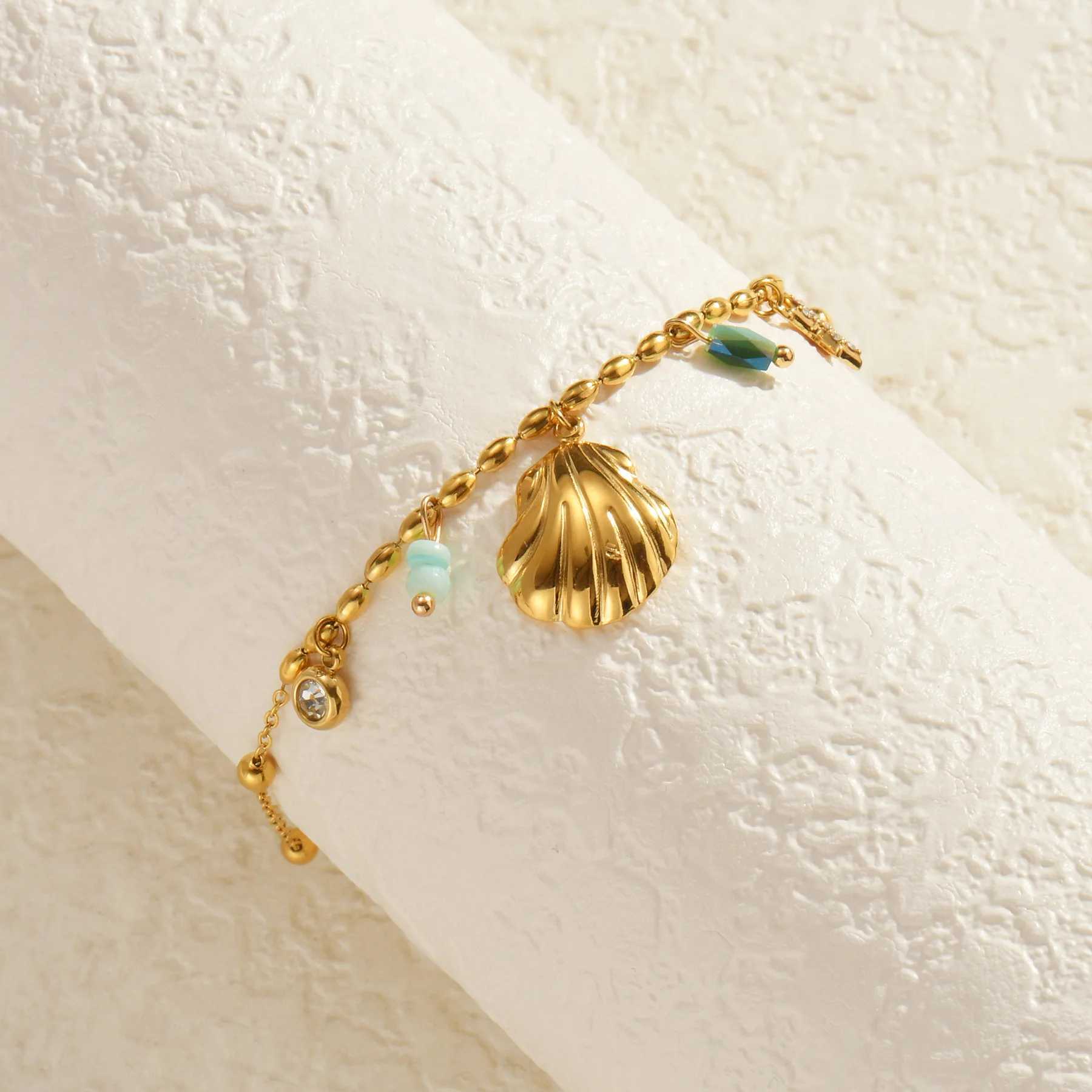 18K Altn Kaplama Renkli Ced Tal Kabuklu Rhinestone Wen Bileklik ok Ynl Paslanmaz elik Zincir Plaj Tak X250625