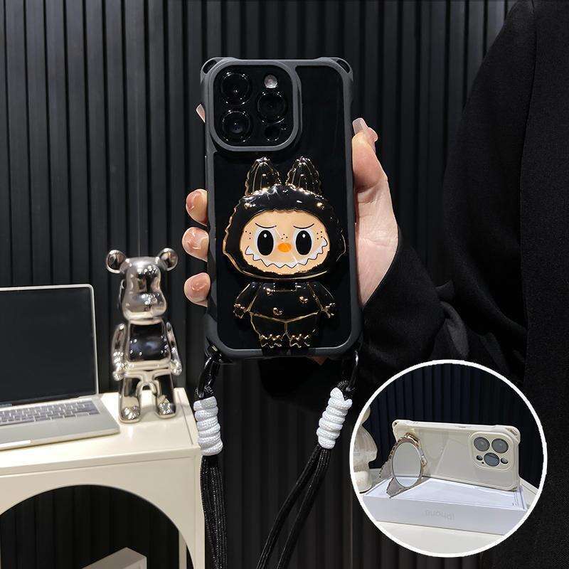 Cartoon Labubu Mirror Stand Compatible with iPhone 16 Case 12 Apple 15 Four-Corner Lanyard Anti-Drop Huawei
