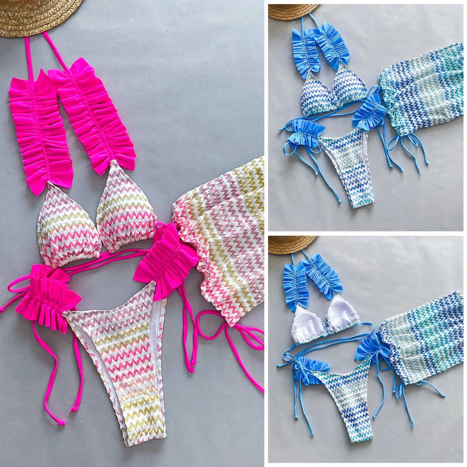 Women Swimsuit Ruffle Trim Halter Bikini Set with Lace-up Briefs Hip Wrapped Skirt Womens Summer Swimming Suit Beachwear Halter XJ250624