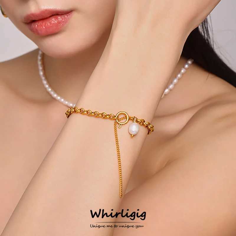 Chic Niche Chain Link Gold Plated Bracelet For Women Stainless Steel Pearl Pendant Bangle Vintage Luxury Charm Jewelry X250625