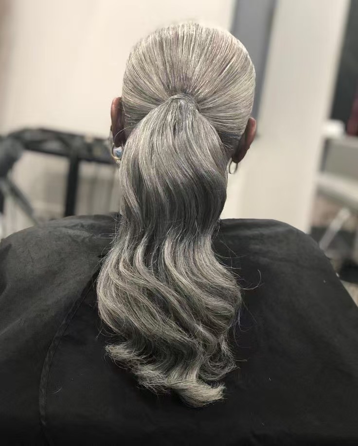 Perfect sleek ponytail gray human hair for a casual,chic ,or sophisticated look salt and pepper natural grey hairpiece extension clip ins 1pcs 120g fo