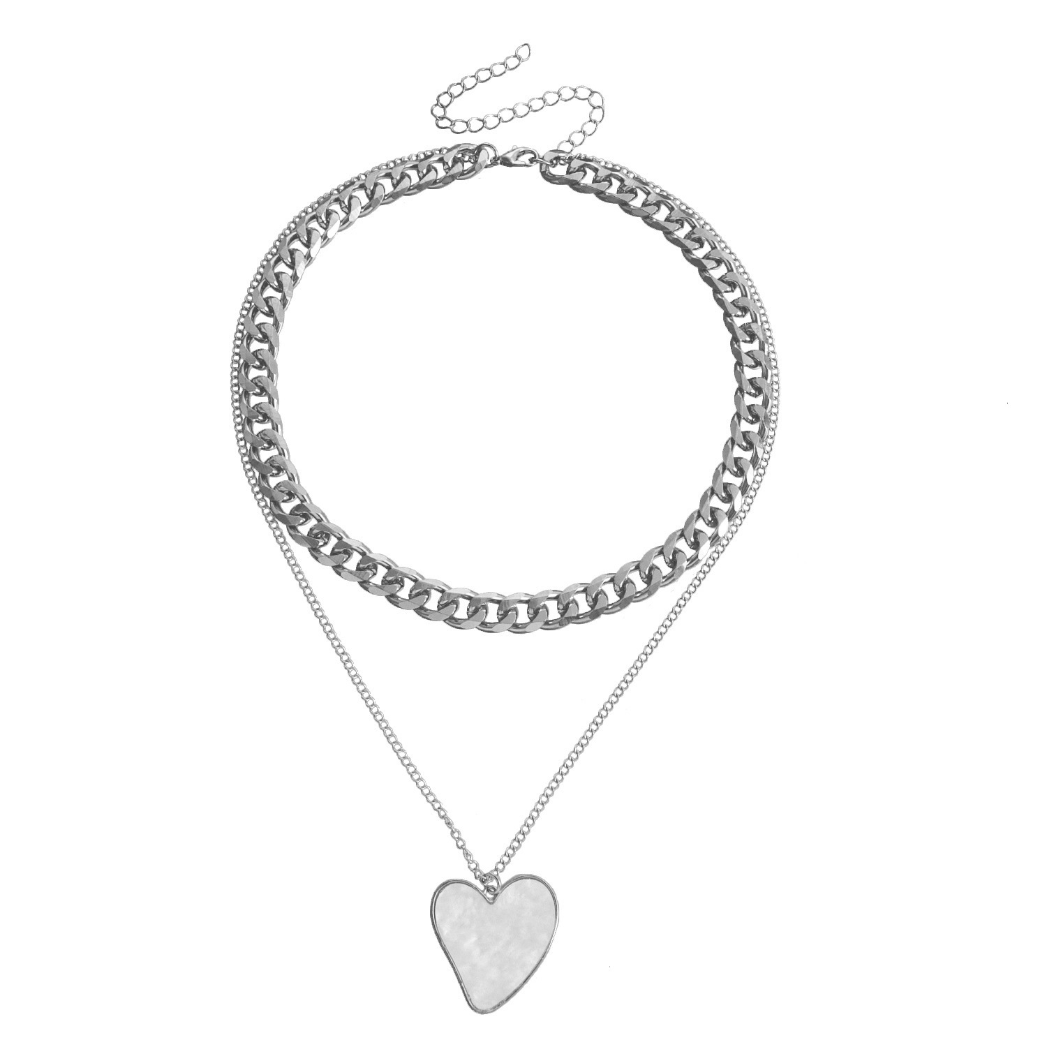 Jewelry Double Layer Geometric Heart White Mother-of-Pearl Pendant for Women Metal Thick Aluminum Chain Necklace Jewelry for Women