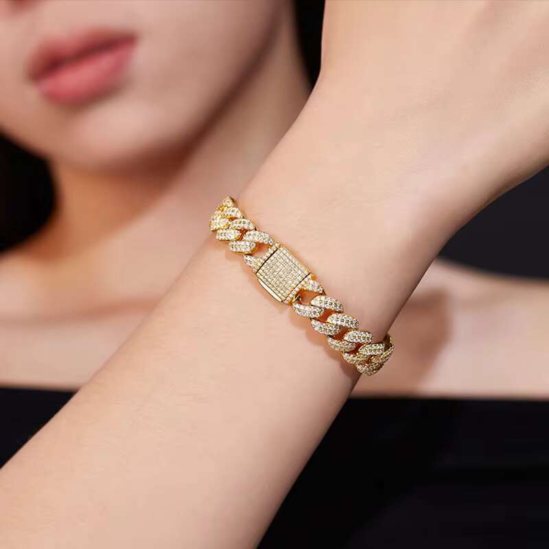 Stylish Mens 10mm Gold-Plated Cuban Chain High Quality Sterling Silver Moissanite Bracelets and Bangles