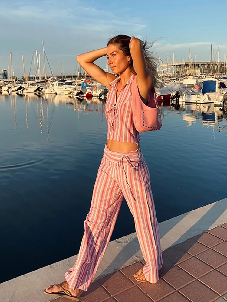 Striped Lace Up Vest Pants Set Women Sleeveless Backless Top High Waisted Trousers Sets Female 2024 Lady Streetwear Outfit250624