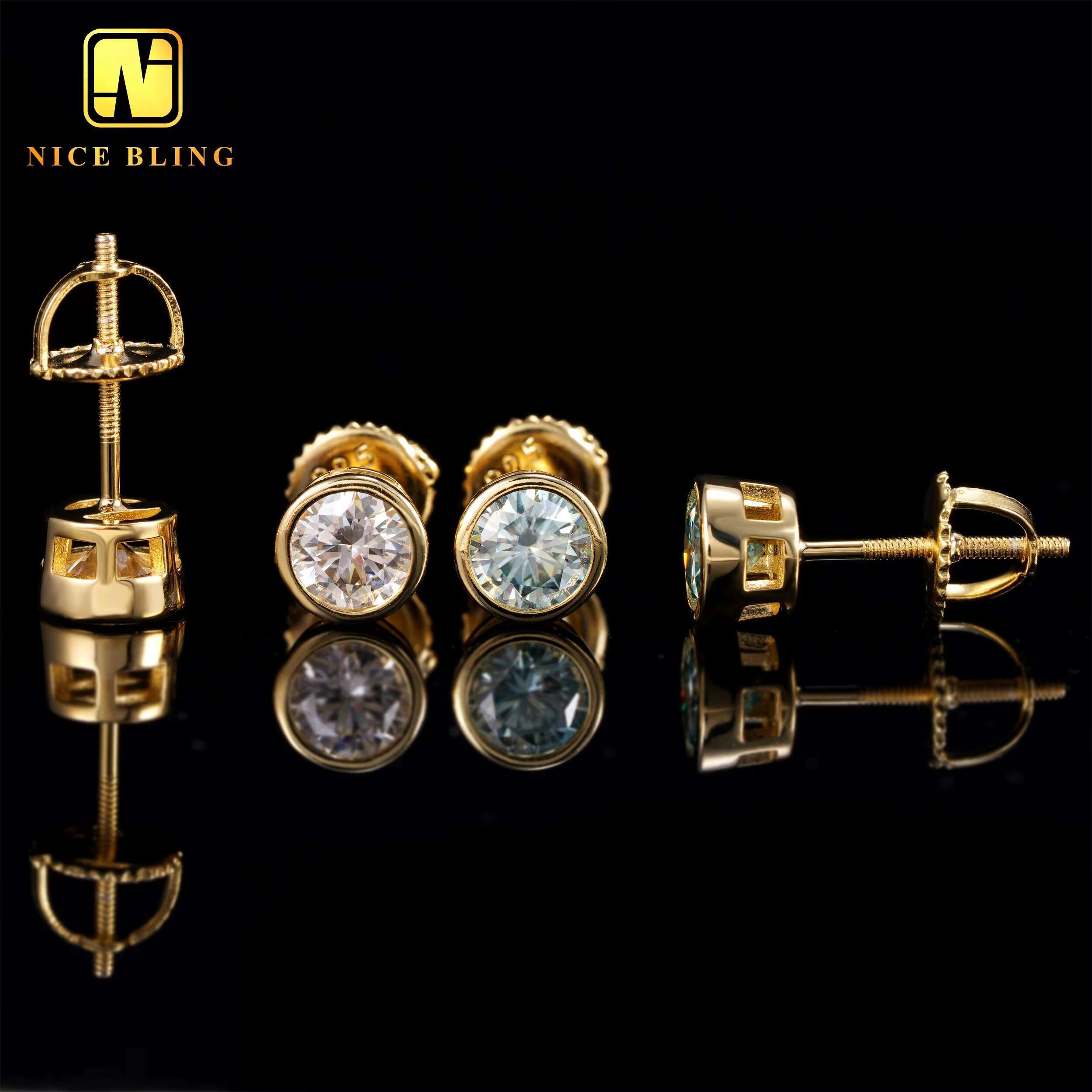 Bezel Setting Blue Green Moissanite Diamond Earrings 18K Gold Plated Silver Jewelry Hip Hop 6mm Ear Studs