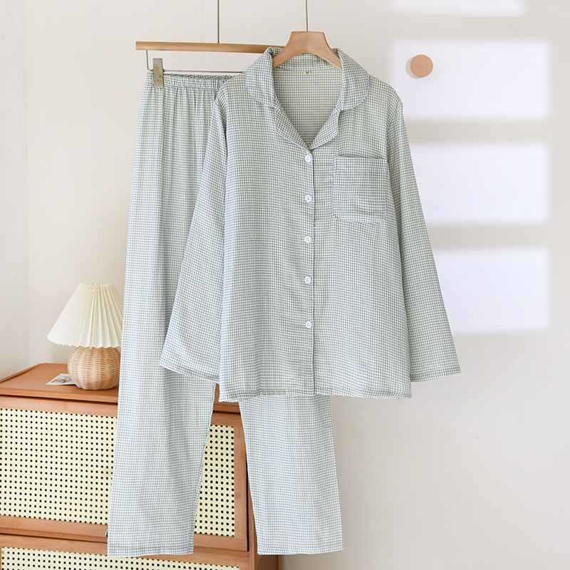 Wholesale baby cotton yarn sleepwear, women's spring and autumn thin style breathable and sweat absorbing collar, small square simple long sleeve