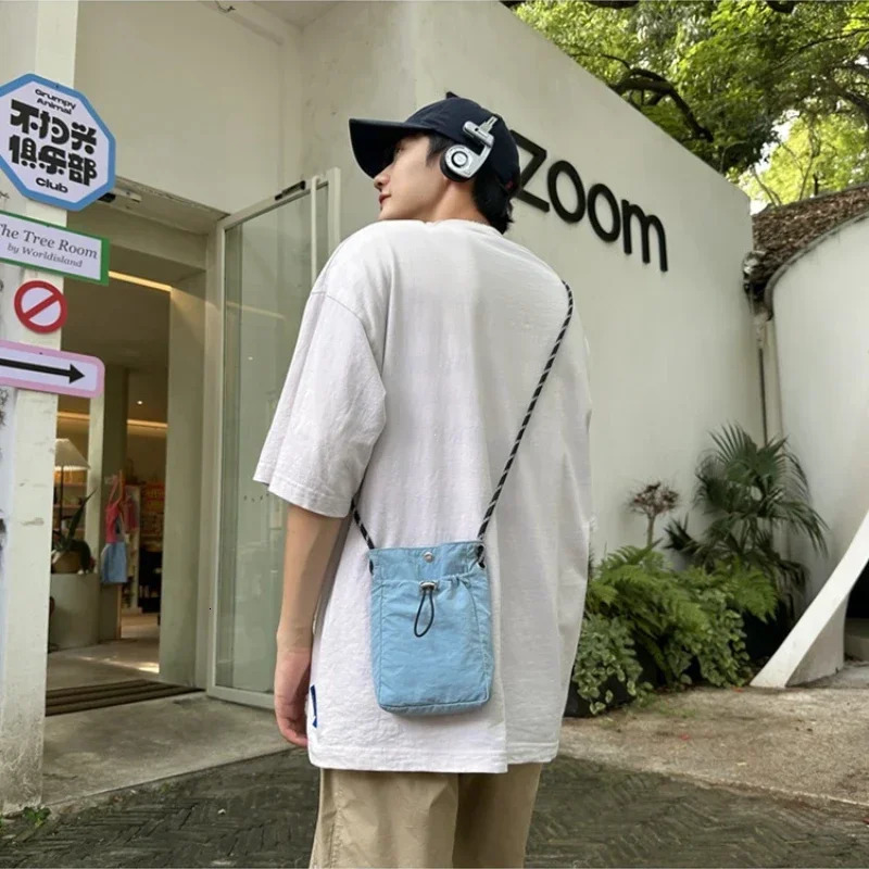 Korean Mini Nylon Shoulder Bag for Men Women Chic Crossbody Bucket Bag Casual Small Handbag Drawstring Buckle Purse Phone Pouch 250624
