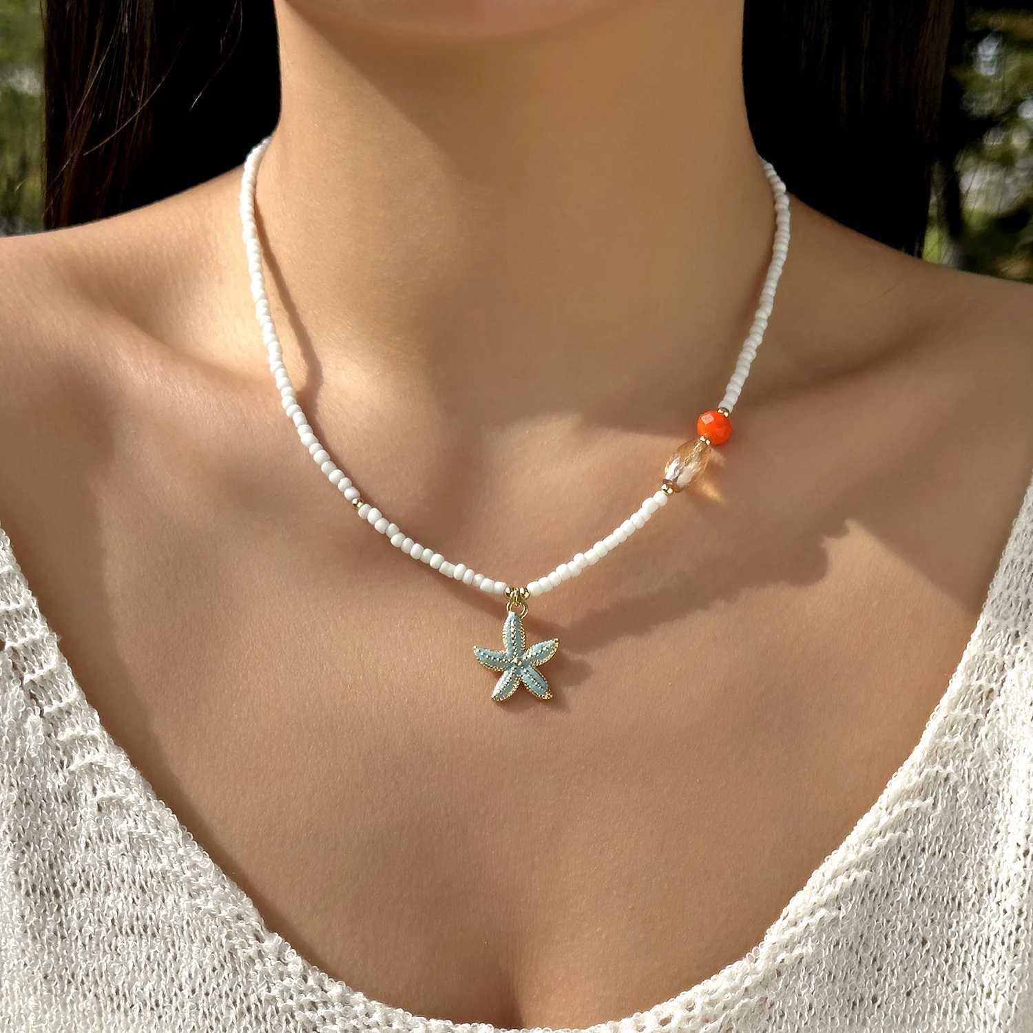 Cute Ceramic Fish Necklace for Women Girls Y2K Colorful Beads Shell Starfish Necklace Trend Aesthetic Summer Beach Jewelry Gift M250625