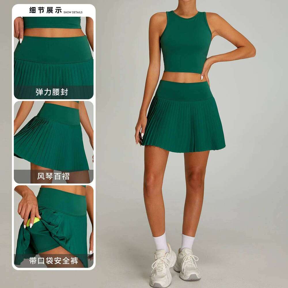 2025 new high-waisted pleated sports women's outdoor fiess fake two-piece tennis culottes anti-light yoga skirt