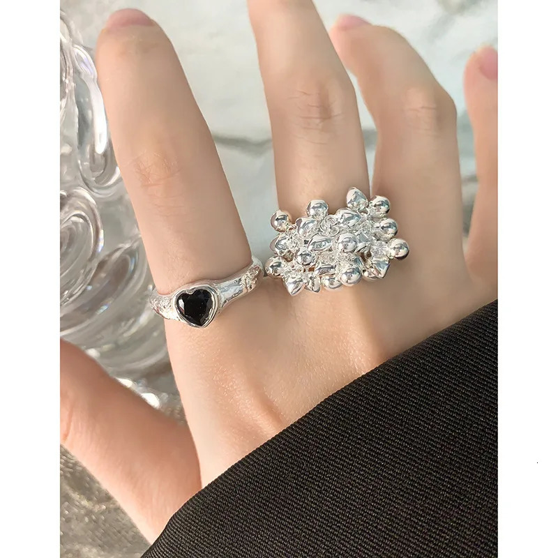 F.I.N.S Korean S925 Sterling Silver Heart Beads Flower Cluster Ring Wide Statement Mid Finger Fine Jewelry Fashion Accessories 250624