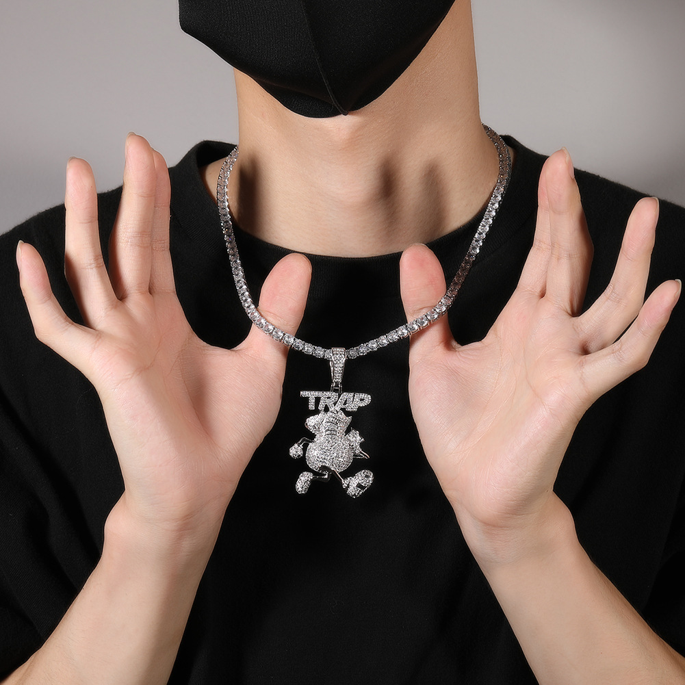 Hot Selling Hip Hop Running Money Bag TRAP Pendant Necklace Full Diamond Cubic Zirconia Cartoon 14K Gold Collar Party Rapper Jewelry Accessories Bijou