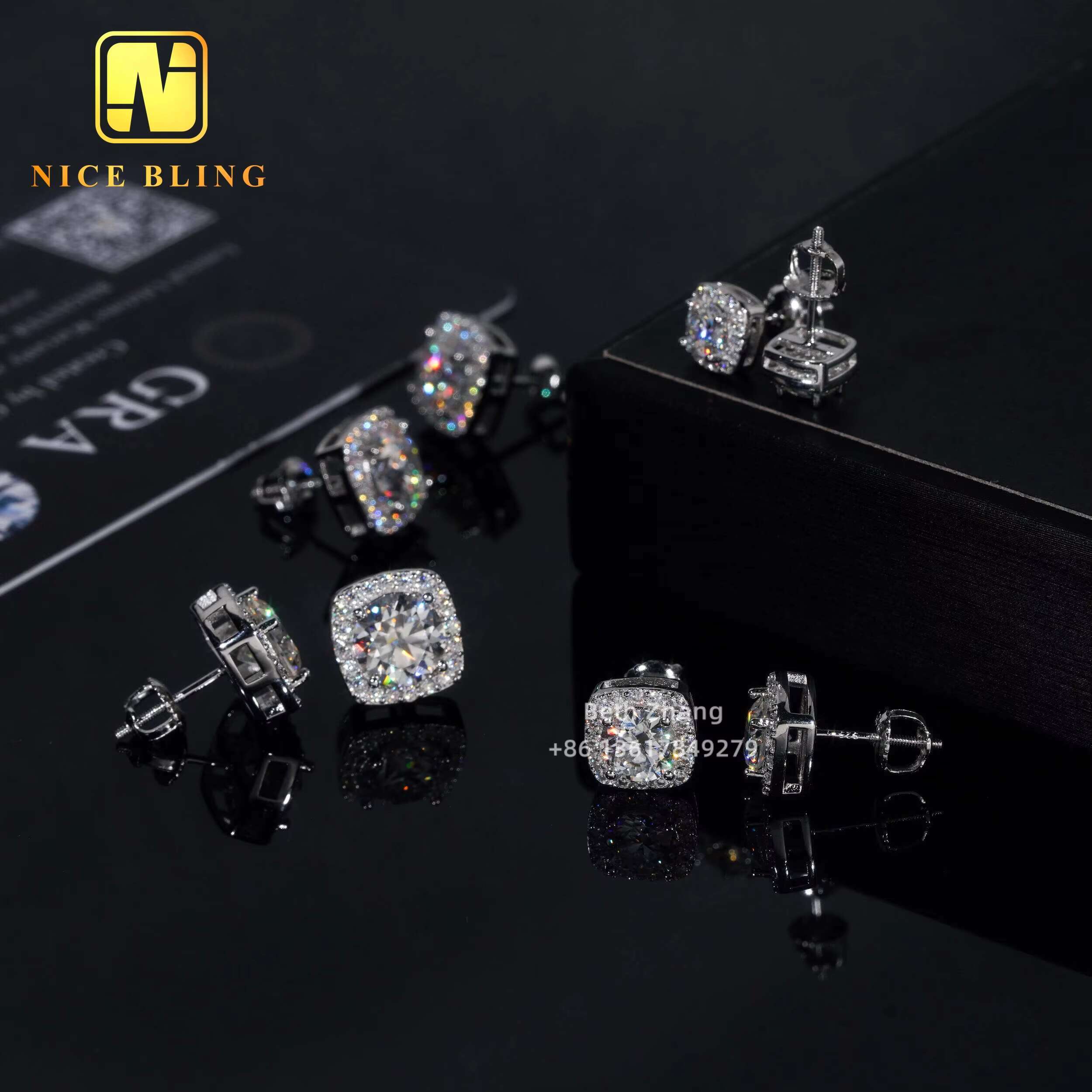 Square Shape Earrings 925 Silver Fashion Hip Hop Jewelry VVS Moissanite Halo Earrings Screw Back Diamond Studs for Men Women