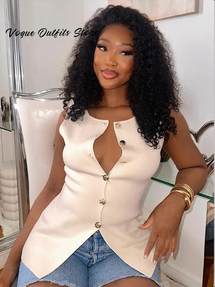 Elegant Solid Women Tops O-neck Sleeveless Single Breasted Slim Female Knitwear Spring Summer Fashion Lady Knitted Tank 250625