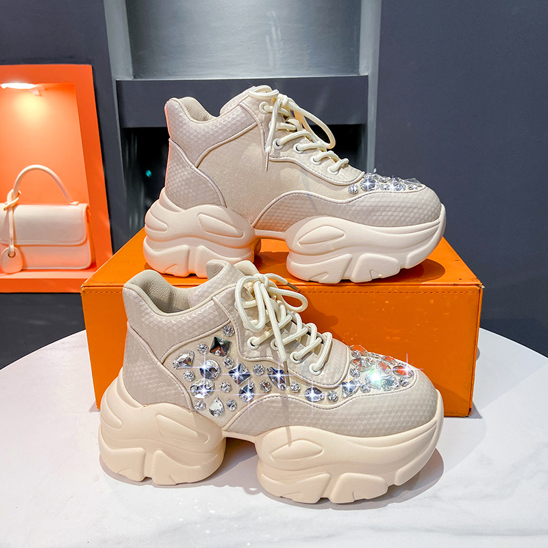 Fashion Luxury Women's Shoes Casual Thick Sole 8cm Designer Sneakers Girls Lace-up Ladies Casual Shoes White crystal decoration Women Zapatillas 