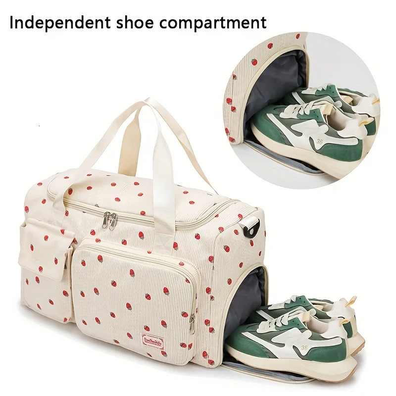 Large capacity strawberry printed travel bag multifunctional dry wet separation independent shoe box casual style 250624