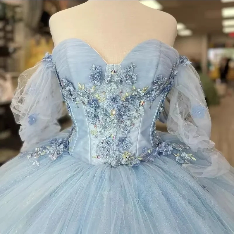 Light Blue Quinceanera Dresses Lace Applique Beads Tull Ball Gown Lace-Up Sweet 16 Dress Vestidos De 15 Anos