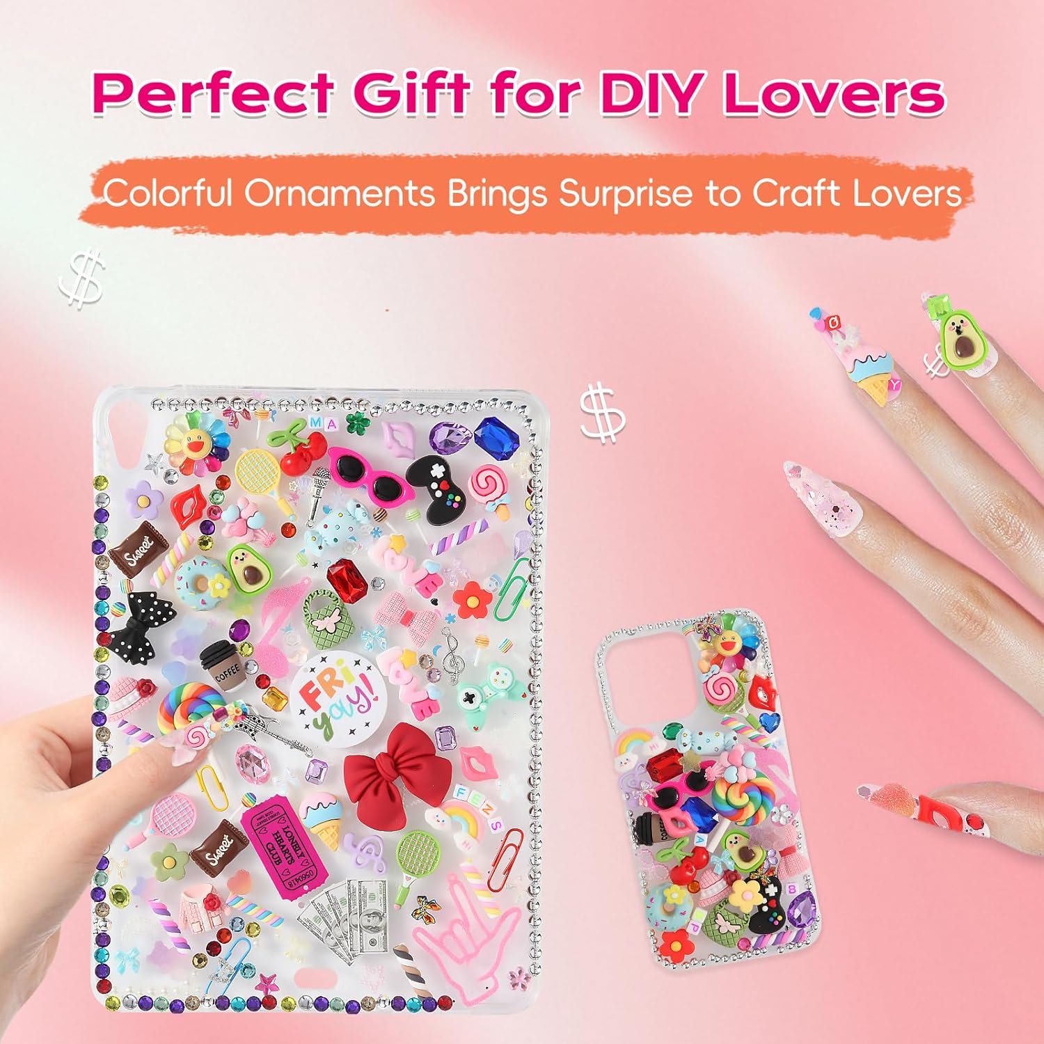 2250pcsDIY bulk resin charm nail art decoration sparkling accessory kit, including star shape, candied fruit design, bow, etc.