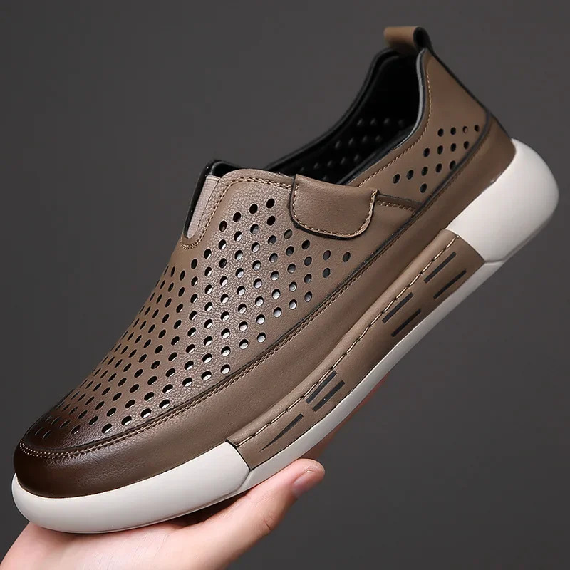 Men Hollow Hole Casual and Versatile Leather Shoes One Step Hole Punch Shoes Toe Thick Soled Leather Shoes 250624