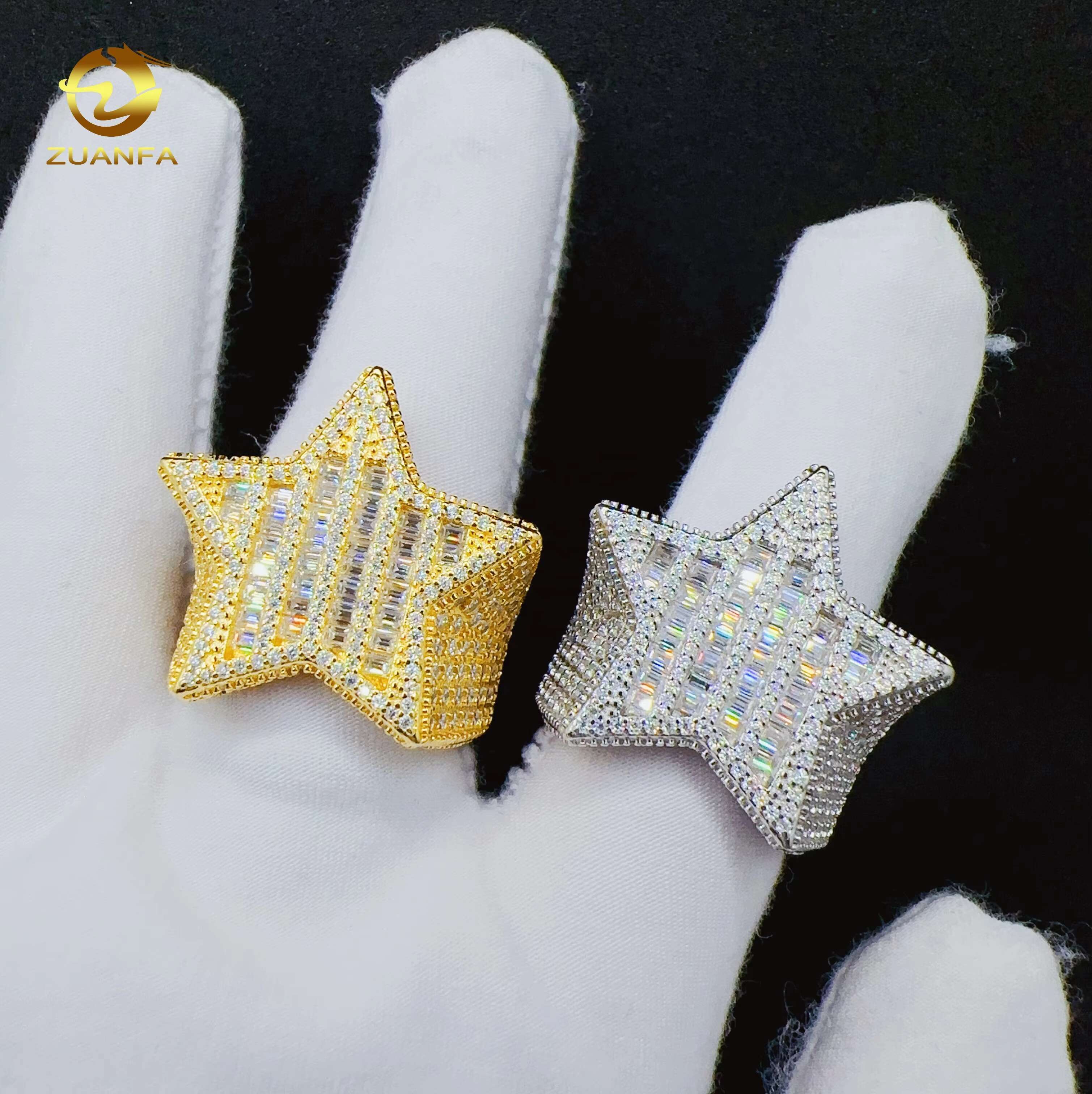 Fashion Baguette VVS Moissanite Star Design Ring Custom Hip Hop Jewelry 925 Sterling Silver Ring for Men women