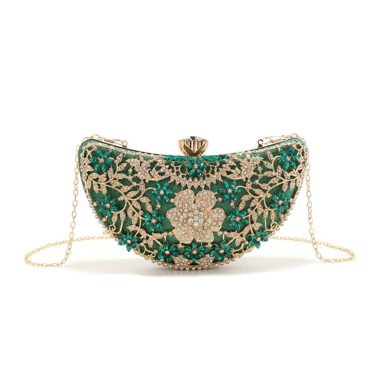 Green Color Women Evening Bags With Rhinestones Hollow Out Style Clutch Diamonds Moon Design Wedding Glitter Luxury Lady Bridal M250624