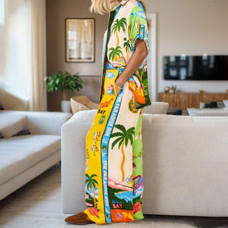 Spring New Women's Elegant Shirt And Pants Loose Print Fashion Set B5