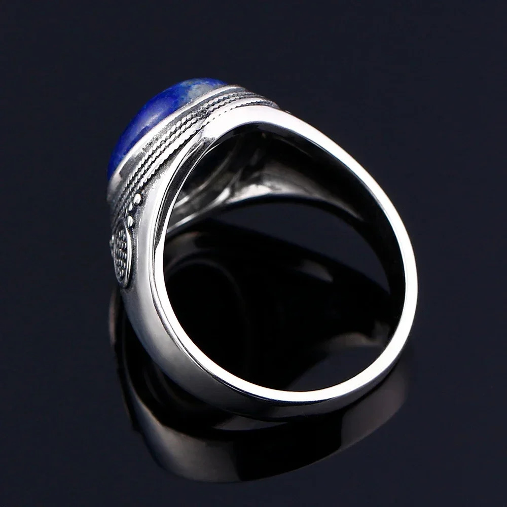 Silver S925 Ring Natural Big Oval Lapis Rings for Men Women Retro Fine Jewelry Party Anniversary Gift 250624