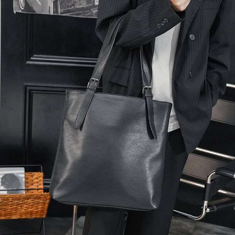 Soft Leather Tote Bag For Men's Japanese Korea Style Business Casual Street Handbag Male Large Capacity Zipper Laptop Bags