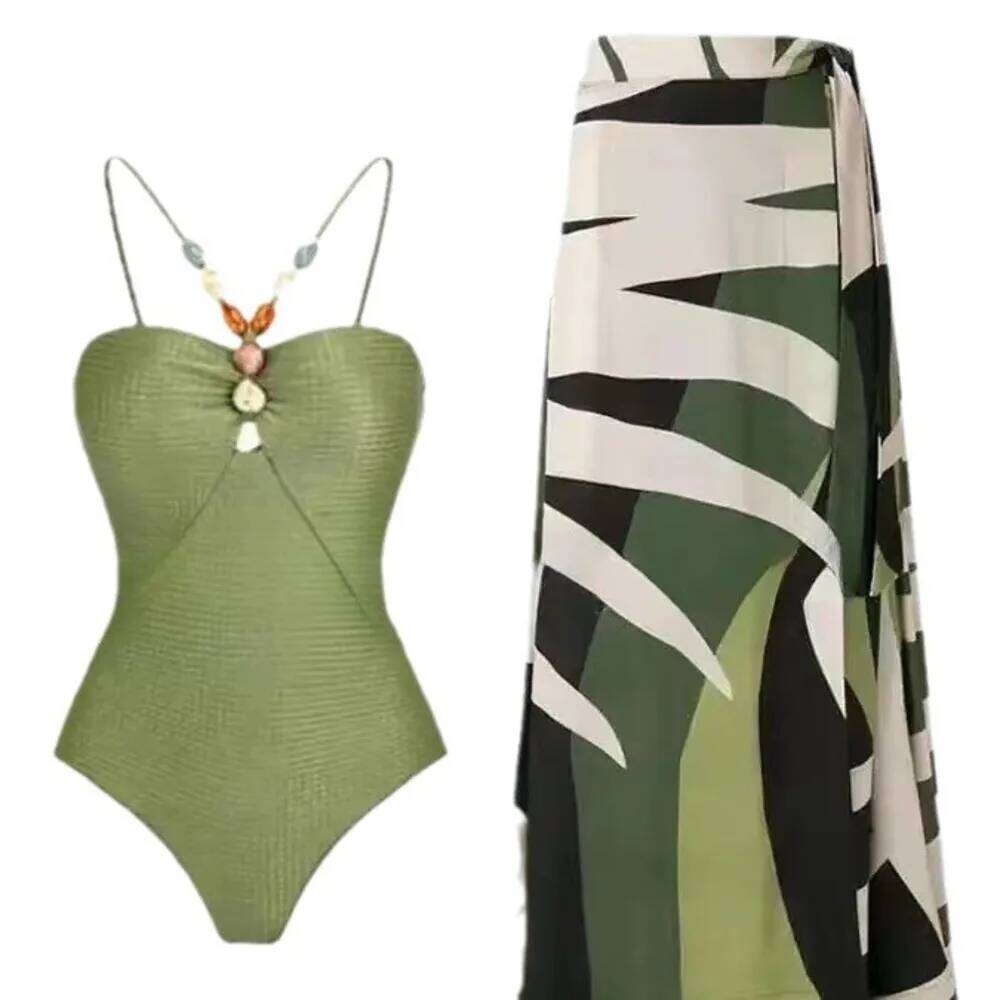 Elegant Sexy One Piece Swimsuit with Cover Up Skirt Tummy Control Bathing Suit Bikini Set for Women Beach Pool Party