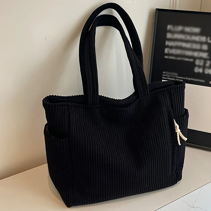 Casual Corduroy Handbag with Zipper Closure Light and Large Capacity Fixed Shoulder Strap Solid Color Daily Handbag 250609