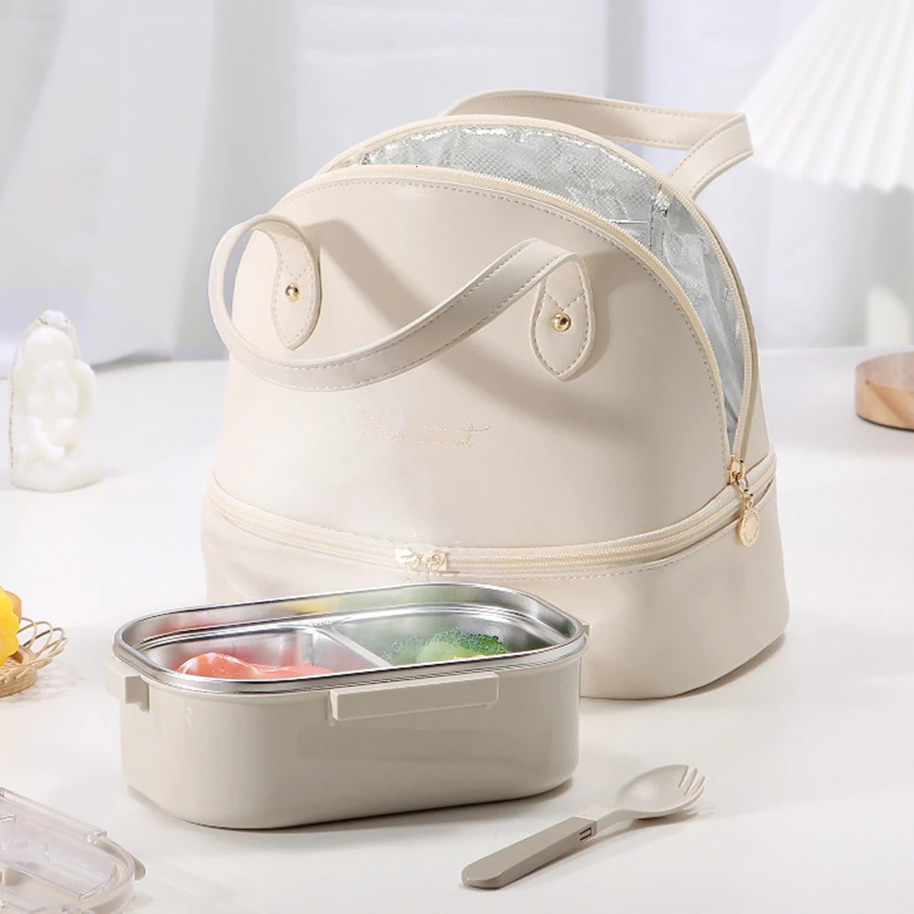 Ladies Insulated Lunch Bag Large Capacity PU Leather Lunch Tote Bag Double Layer Food Handbag Case for Travel Work School Picnic 250624
