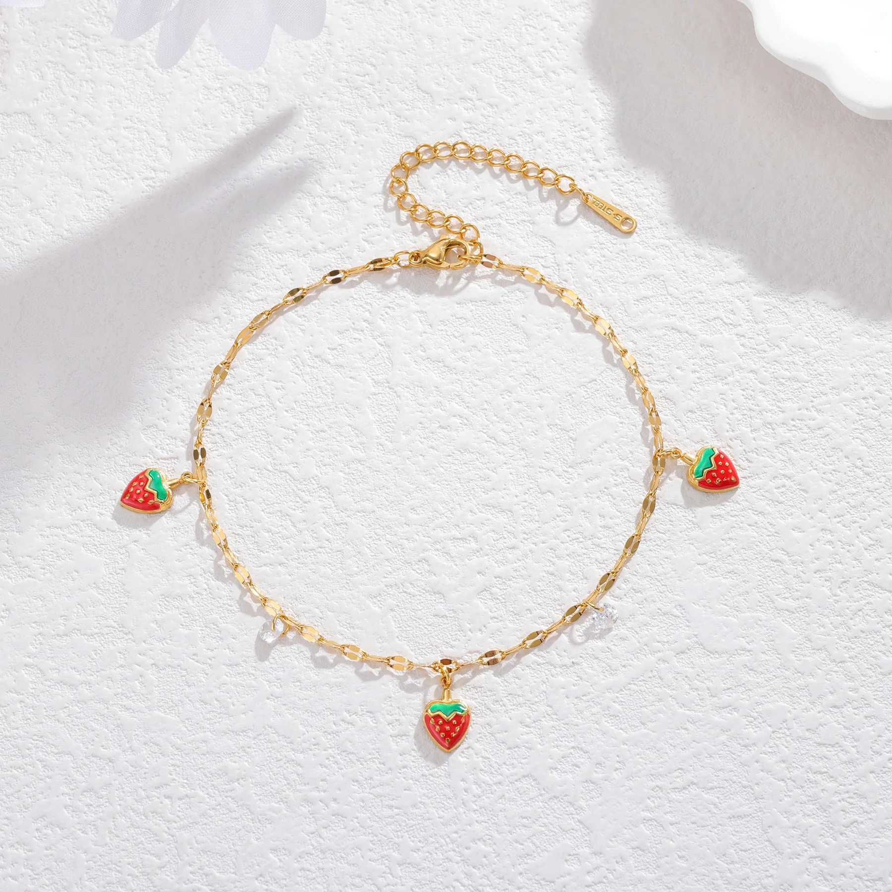 Freeteeme Fresh Cherry Chili Anklets for Women Girls Stainless Steel Fruits Stone Charms Leg Chains Beach Holiday Jewelry Gifts V250624