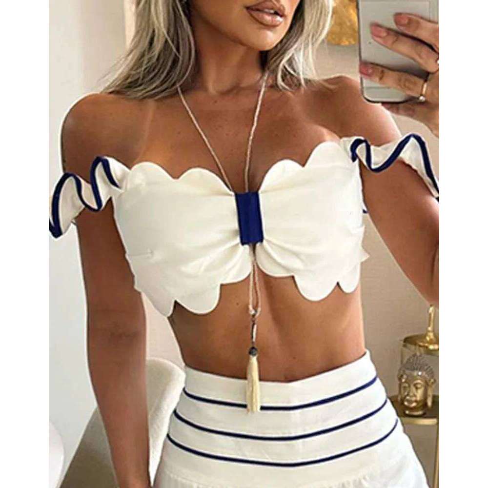 Summer Women Sets Elegant Scallop Trim Off Shoulder Top and Striped Wide Leg Pants Set Office Lady Clothing