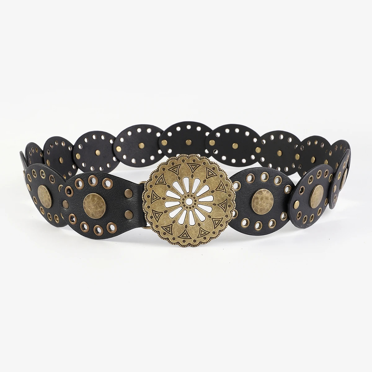 retro western cowboy belt personality round hollow metal wide belt for women 250618