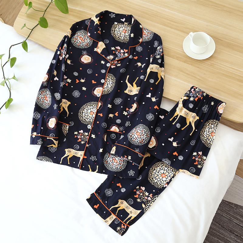Spot Direct Sales Spring and Autumn Women's Korean Pajamas Cotton Silk Cotton Summer Thin Cool Home Clothes Artificial Cotton Long Sleeve Pants S