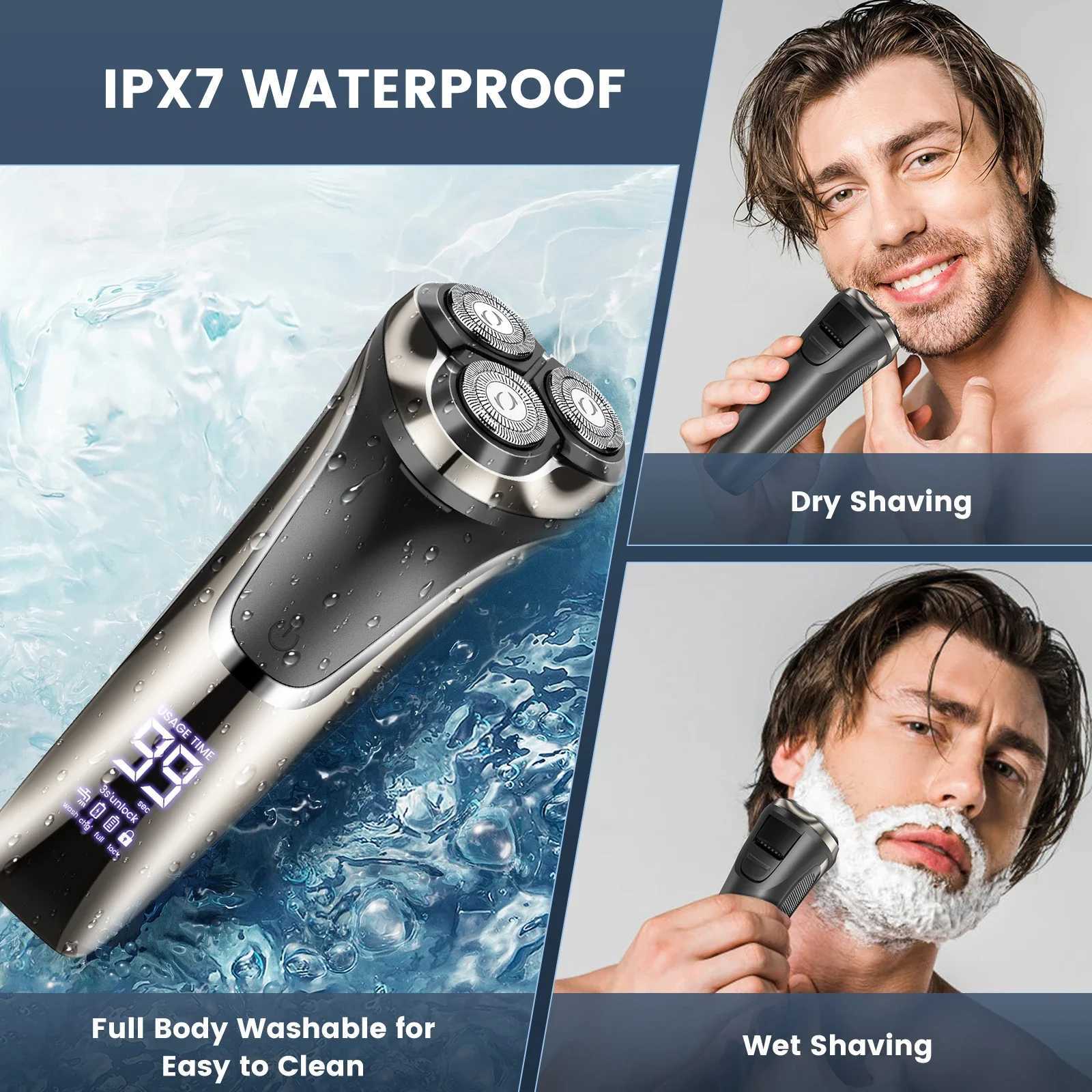 Electric Razor for Men USB Rechargeable IPX7 Waterproof Wet Dry Electric Shaver with Pop-up Sideburn Trimmer Gift for Husband W250625