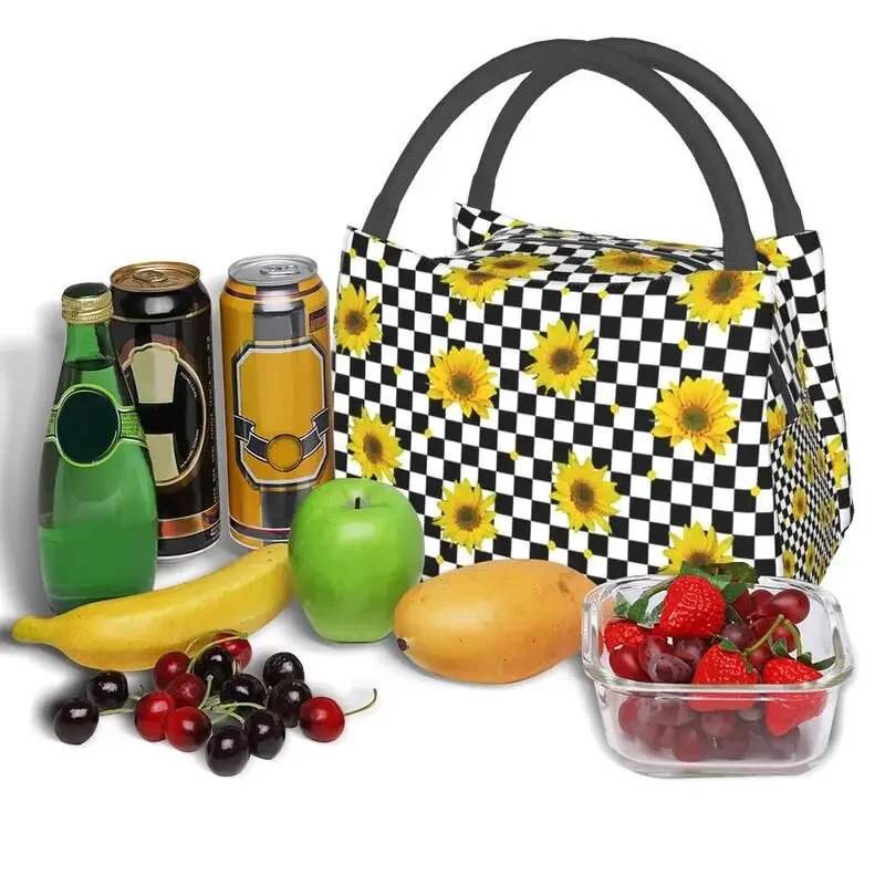 Sunflowers On Checkered Squares Insulated Lunch Bags for Women Beauty Floral Resuable Cooler Thermal Bento Box Hospital Office 250624