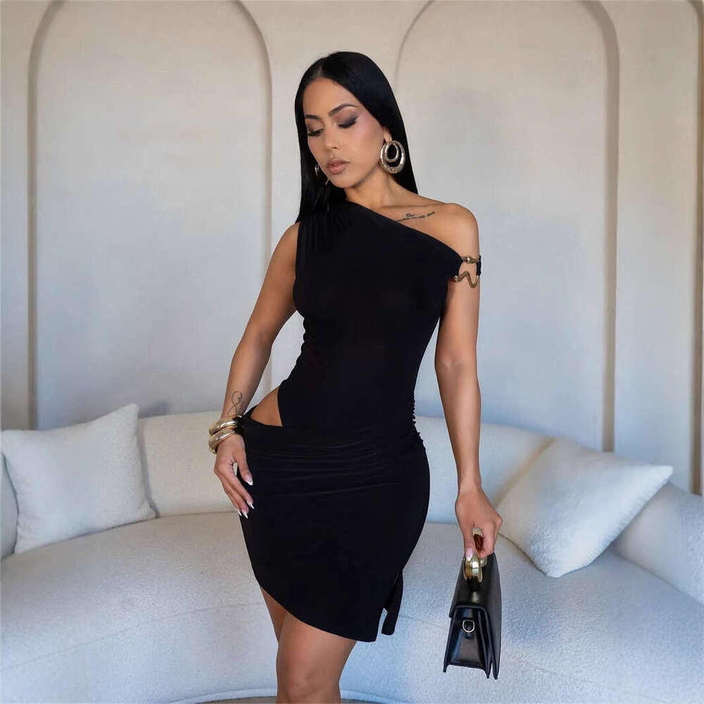 New Style Solid Color Slim Fit Sexy Waist-Cinching Asymmetric Neck Hollow Metal Design Bodycon Short Dress For Women B5