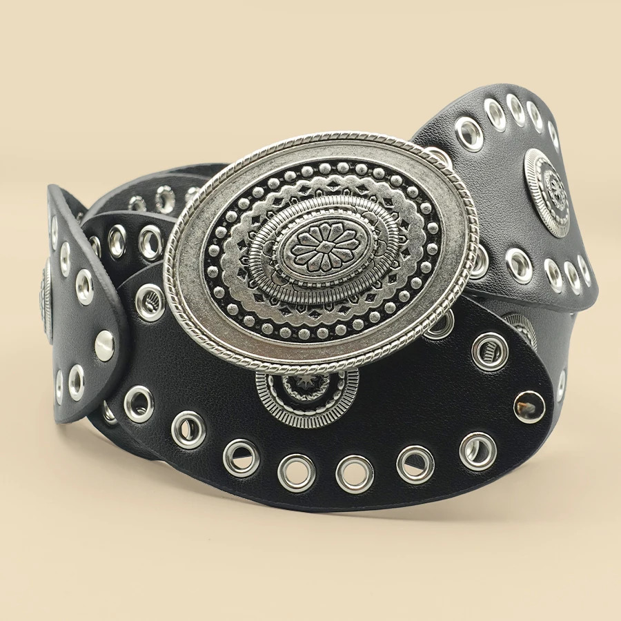 Black Vintage Western Womens Belt - Oversized Metal Conchos with Cut-Out Wide Cowboy Style Fashion Accessory 250618