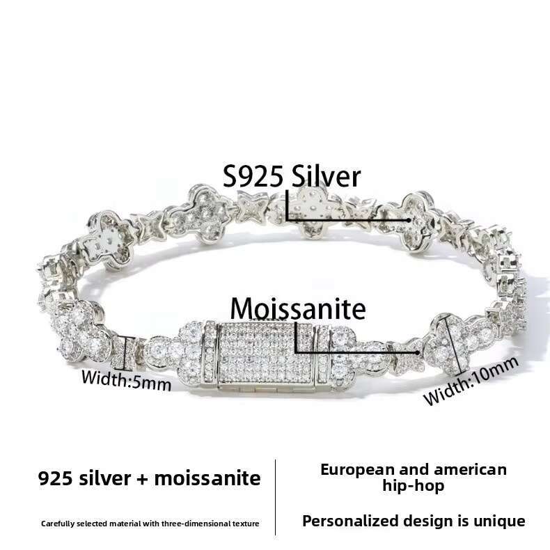 Hip Hop 10mm Cross Fine Fashion Jewelry Bracelet Women Design 925 Sterling Silver Moissanite Clover Bracelet Wholesale