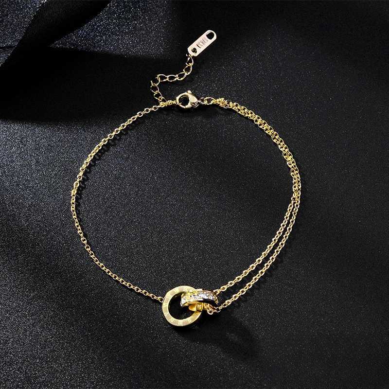 Retro Full Zircon Roman Numeral Double Rings Cross Leg Chain for Women New Luxury Stainless Steel Anklet Summer Beach Jewelry U250624