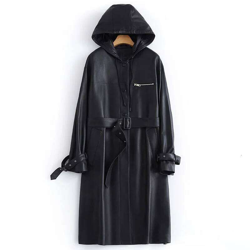 Lautaro-Long PU Leather Trench Coat For Women, Long Sleeve Belt, Waterproof Raincoat, Black, Spring, Autumn, 2024