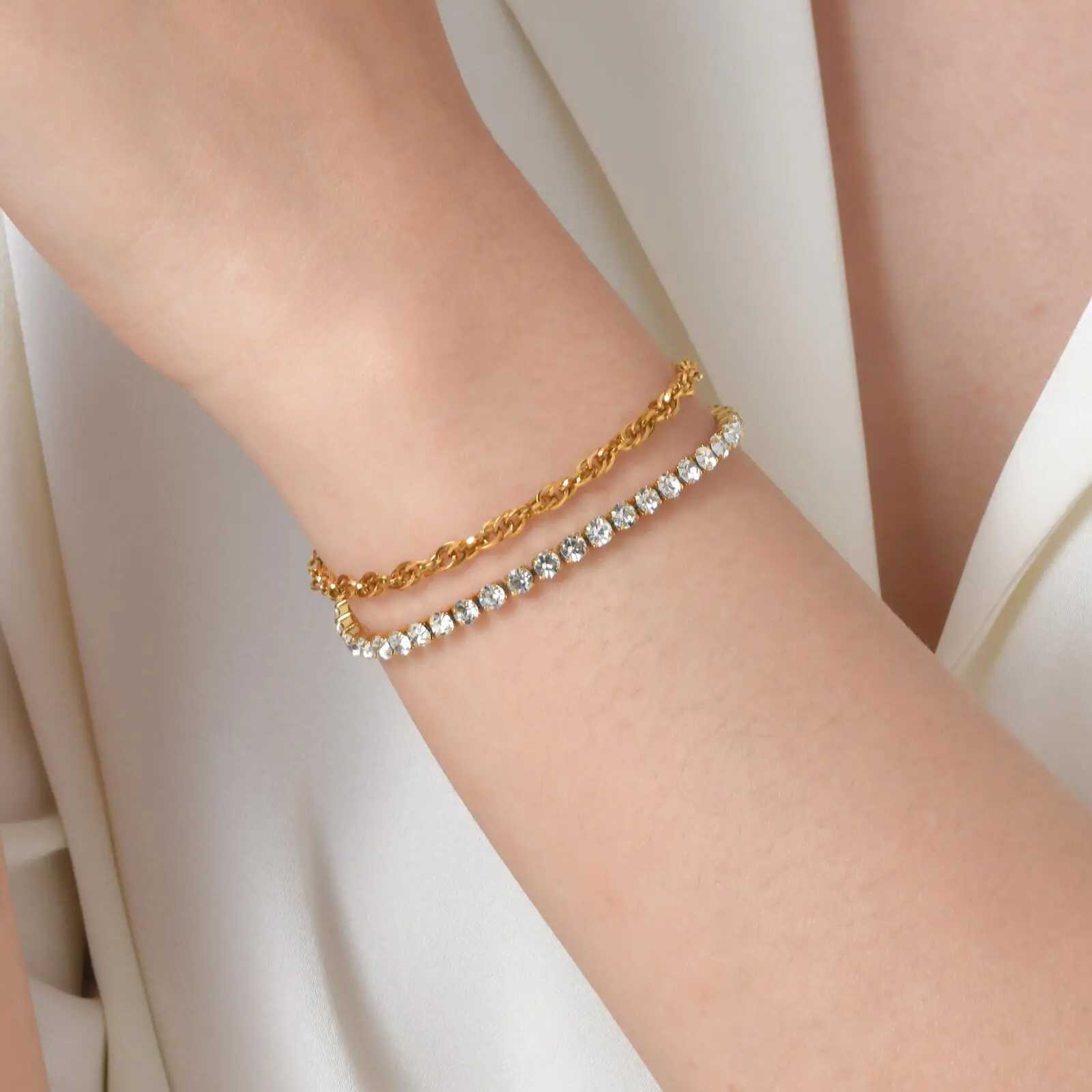 Vnox Stainless Steel Cubic Zirconia Chain Bracelet For Women Double Layer Twist Chain Charm Bracelet Luxury Jewelry Girls Gifts X250625